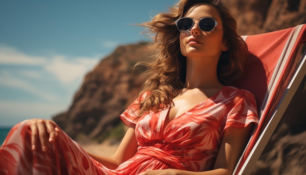 Bezpłatne zdjęcie jedna młoda kobieta cieszy się latem, siedząc na świeżym powietrzu, w okularach przeciwsłonecznych generowanych przez sztuczną inteligencję