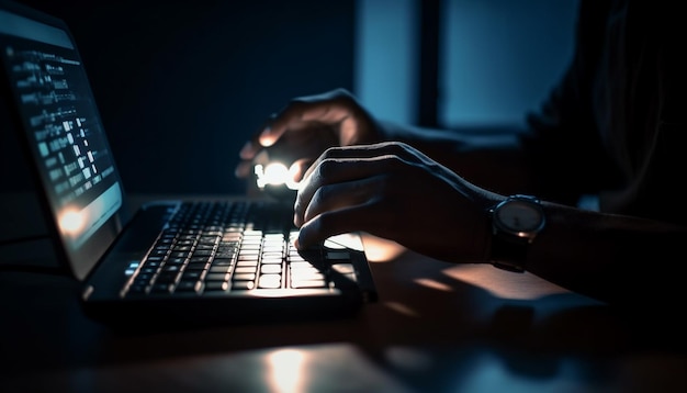 Jedna osoba pisząca na laptopie w ciemnym biurze generowanym przez AI