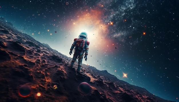 Jedna osoba stojąca na górze wpatrująca się w galaktykę świecącą pięknością generowaną przez sztuczną inteligencję