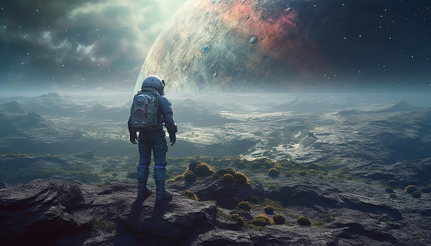 Jedna osoba stojąca na szczycie góry i patrząca na galaktykę wygenerowaną przez sztuczną inteligencję