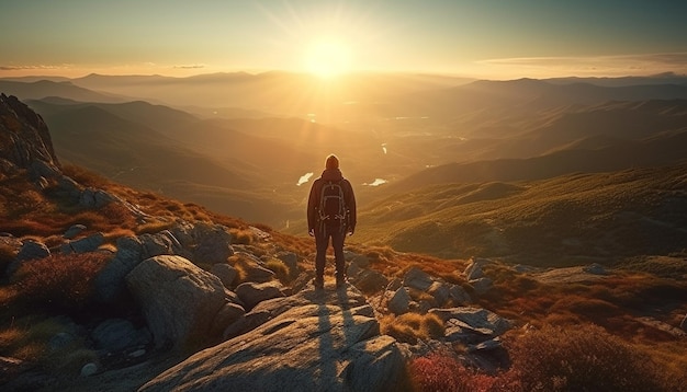 Jedna osoba stojąca na szczycie góry, wyglądająca na wygenerowaną przez sztuczną inteligencję