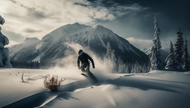 Jedna osoba zjeżdżająca na snowboardzie w dół pięknego górskiego krajobrazu wygenerowanego przez sztuczną inteligencję