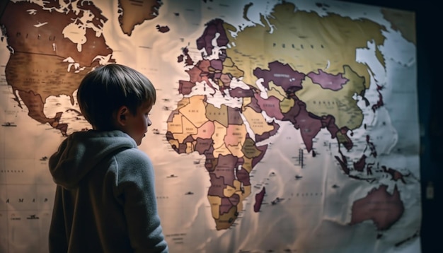 Jedno stojące dziecko uczące się globalnej geografii generowanej przez sztuczną inteligencję