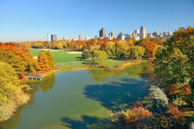 Jezioro i jesienne liście z apartamentowcami w Central Parku na Manhattanie w Nowym Jorku