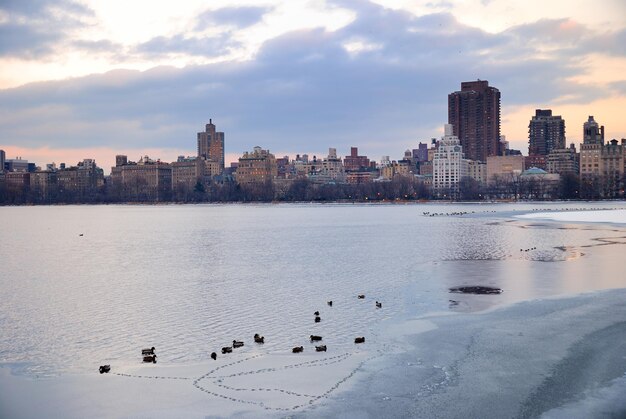 Jezioro w Central Parku z panoramą Nowego Jorku