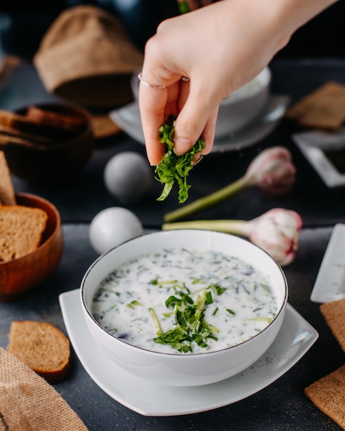 jogurt dovga z zielenią wewnątrz okrągłego białego talerza wraz z jajkami chleba na szarym stole