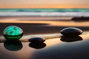 Bezpłatne zdjęcie kamienie na plaży z zachodem słońca w tle
