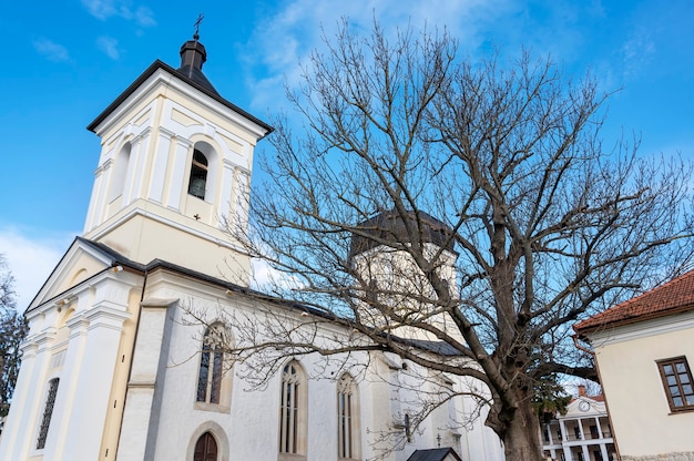 Kamienny kościół na wewnętrznym dziedzińcu klasztoru Capriana. Nagie drzewa i budynki, dobra pogoda w Mołdawii