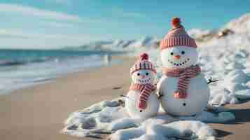 Bezpłatne zdjęcie kapelusz świętego mikołaja i śnieżak na plaży siedzący na piasku