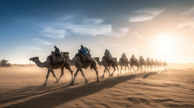 Karawana wielbłądów na pustyni o wschodzie słońca Obraz generowany przez AI
