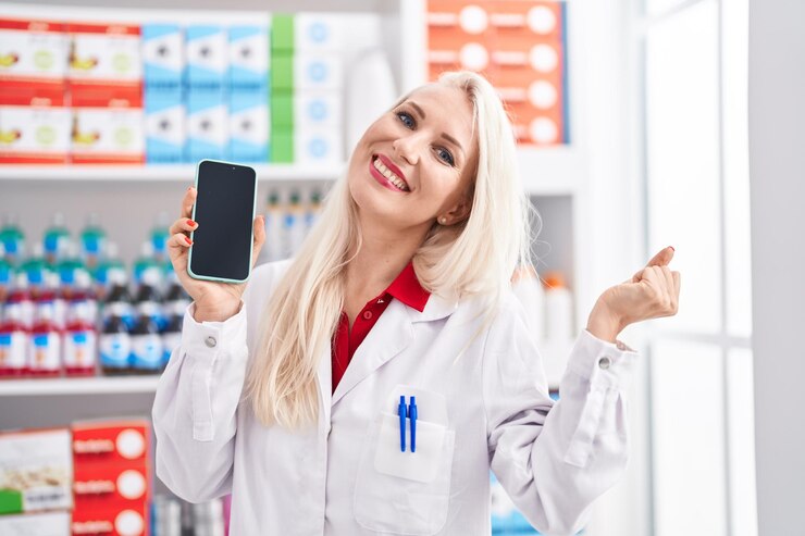 Bezpłatny plik Zdjęcie kaukaska kobieta pracująca w aptece, pokazująca ekran smartfona krzycząca dumnie świętując zwycięstwo i sukces, bardzo podekscytowana z podniesionymi rękami