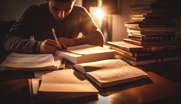 Kaukaski mężczyzna studiujący literaturę w pomieszczeniu w bibliotece wygenerowanej przez sztuczną inteligencję