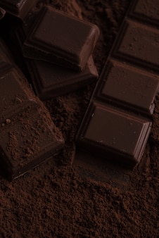 Kawałki ciemnej czekolady pokryte proszkiem czekolady