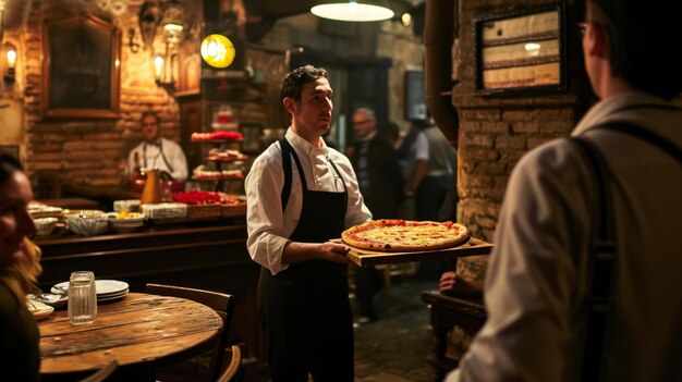 Kelner serwuje pizzę w starej kawiarni w mieście, korzystając z koncepcji małej firmy