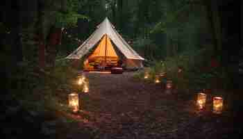 Bezpłatne zdjęcie kempingowy namiot przygodowy, eksploracja natury, relaksacja, ognisko, wygenerowana przez sztuczną inteligencję