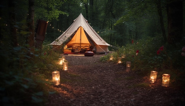 Kempingowy namiot przygodowy, eksploracja natury, relaksacja, ognisko, wygenerowana przez sztuczną inteligencję