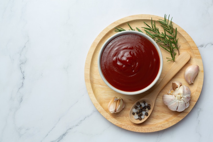 Bezpłatny plik Zdjęcie ketchup lub sos pomidorowy ze świeżym pomidorem
