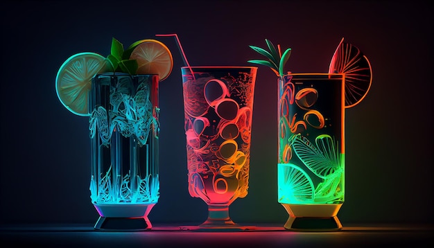 Bezpłatne zdjęcie kieliszek koktajlowy z kolorowym napojem owocowym na pasku generatywnym ai