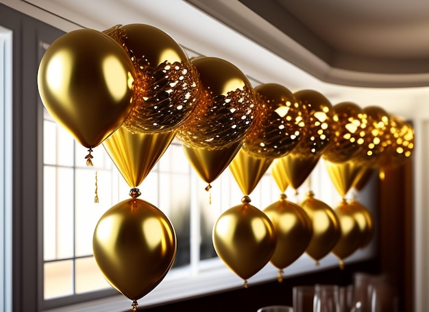 Bezpłatne zdjęcie kilka złotych balonów zwisających z okna