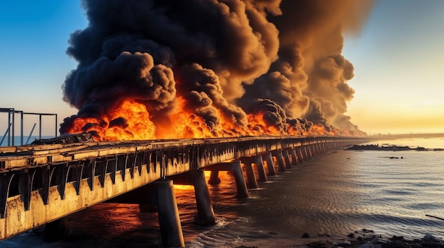 Bezpłatne zdjęcie kinematograficzna eksplozja zepsutego mostu
