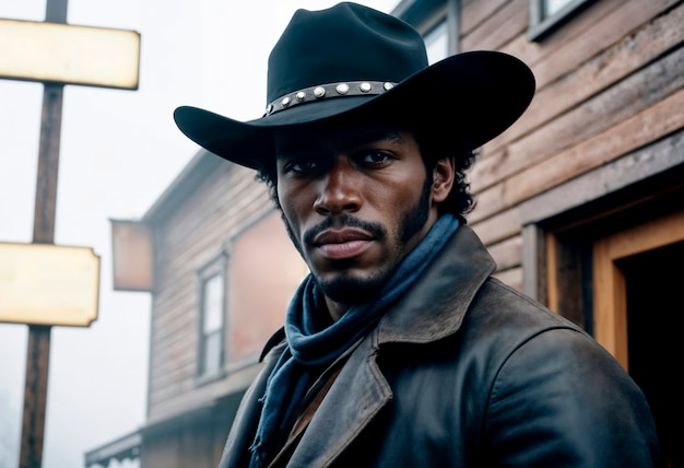 Bezpłatne zdjęcie kinematograficzny portret amerykańskiego kowboja na zachodzie z kapeluszem