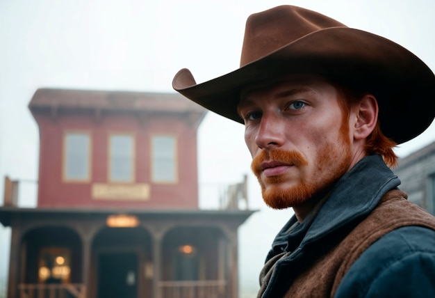 Bezpłatne zdjęcie kinematograficzny portret amerykańskiego kowboja na zachodzie z kapeluszem