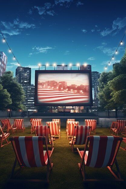 Kino plenerowe 3D z krzesłami i projektorem