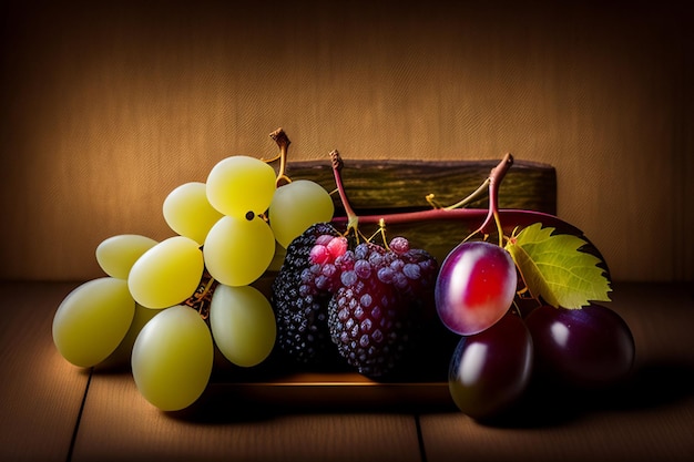 Kiść winogron i winogron na drewnianym stole