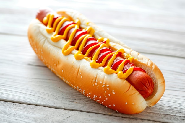 Klasyczny hot dog z ketchupem i sosem musztardowym na białym drewnianym stole