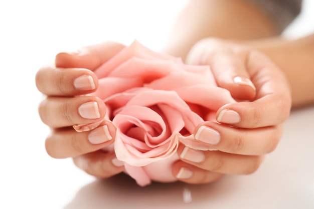Bezpłatne zdjęcie kobiece dłonie z różową różą. pojęcie kobiecości