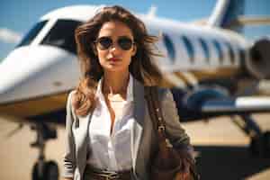 Bezpłatne zdjęcie kobieta biznesu wysiada z samolotu biznesowego w słoneczny dzień. kobieta leci na spotkanie biznesowe.