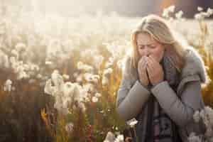 Bezpłatne zdjęcie kobieta cierpiąca na alergię z powodu narażenia na pyłek kwiatów na zewnątrz