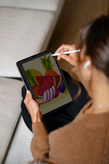 Bezpłatne zdjęcie kobieta korzystająca z technologii cyfrowego tabletu