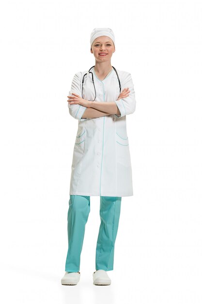 Kobieta lekarz na białym tle. Koncepcja zdrowia