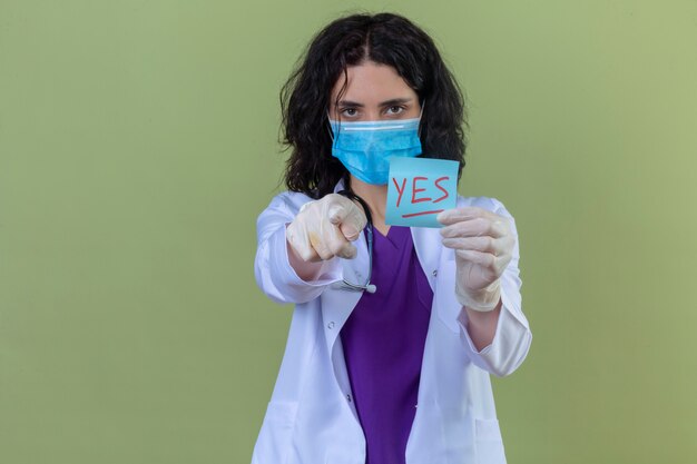 kobieta lekarz ubrana w biały fartuch ze stetoskopem w medycznej masce ochronnej trzymająca papier przypomnienia ze słowem „tak” wskazującym na aparat z palcem patrząc poważnie na odizolowaną zieleń