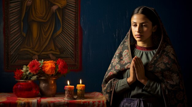 Kobieta modląca się przy meksykańskim ołtarzu dia de muertos