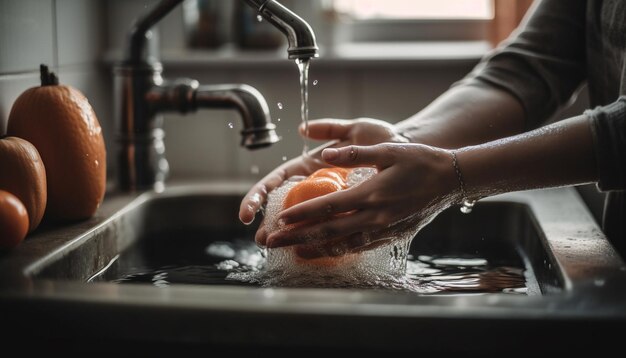 Kobieta myjąca jedzenie w zlewie dla świeżości generowanej przez AI