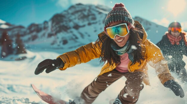Kobieta na deskorolce w zimie z marzonym krajobrazem i pastelowymi odcieniami