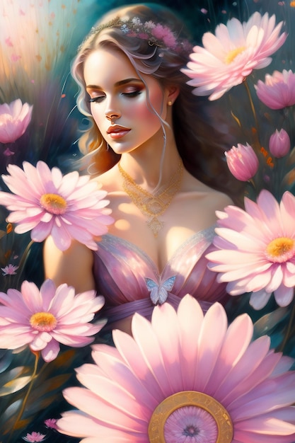 Kobieta na polu kwiatowym z różowymi kwiatami.