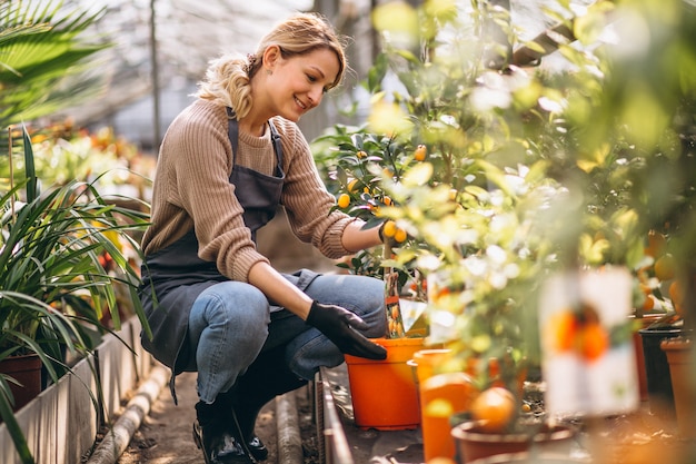 Bezpłatne zdjęcie kobieta patrzeje po rośliien w szklarni