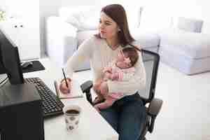 Bezpłatne zdjęcie kobieta pisania i posiadania dziecka
