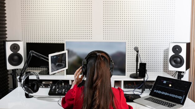 Kobieta pracująca w stacji radiowej ze specjalnym wyposażeniem