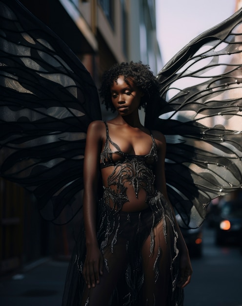 Kobieta przedstawiająca demoniczną istotę z skrzydłami