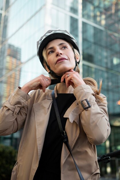 Kobieta przygotowuje się do jazdy na rowerze i zakłada kask
