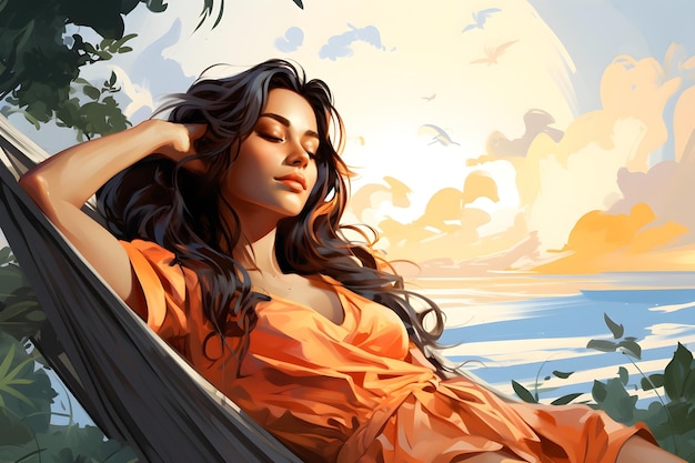 Bezpłatne zdjęcie kobieta relaksująca się w hamaku na letniej ilustracji plaży
