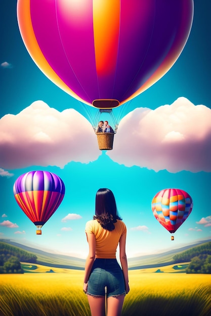 Bezpłatne zdjęcie kobieta stoi przed kolorowym balonem na ogrzane powietrze.
