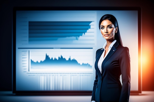 Kobieta stoi przed wykresem przedstawiającym wykres giełdy.