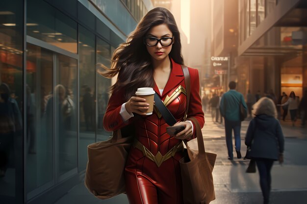 Kobieta-superbohaterka robiąca codzienne rzeczy w nowoczesnych czasach