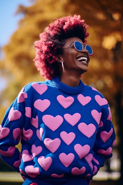 Kobieta ubrana w sweter w kształcie serca