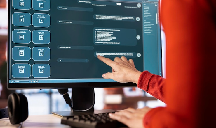 Bezpłatny plik Zdjęcie kobieta używa ai chatbot systemu na komputerze, aby poprowadzić ją przez zadania